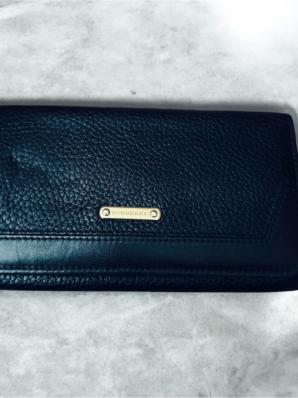 Burberry Black Pebbled Leather Wallet with Gold Plaque authentic